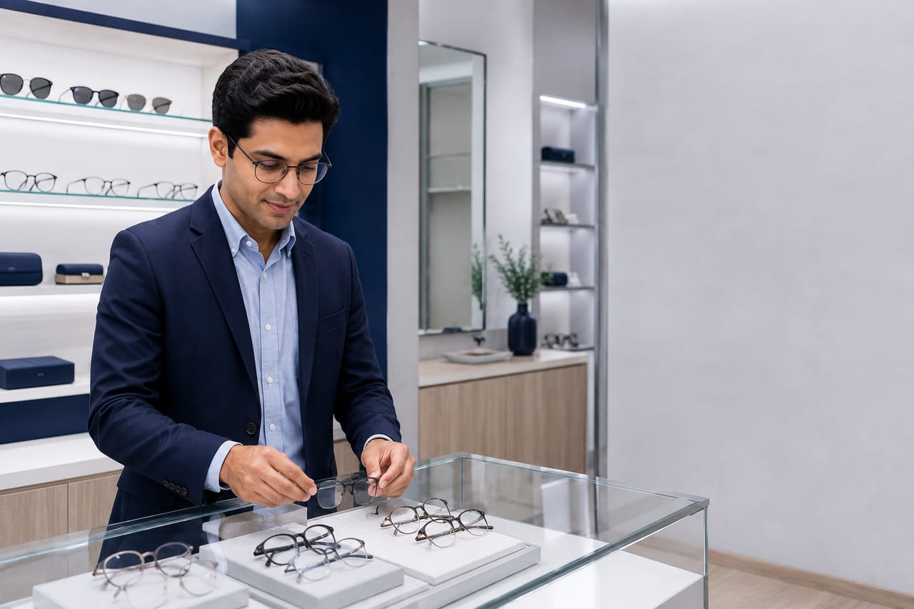 Inside the Eye Shop Optician store, with frames displayed in a glass cabinet