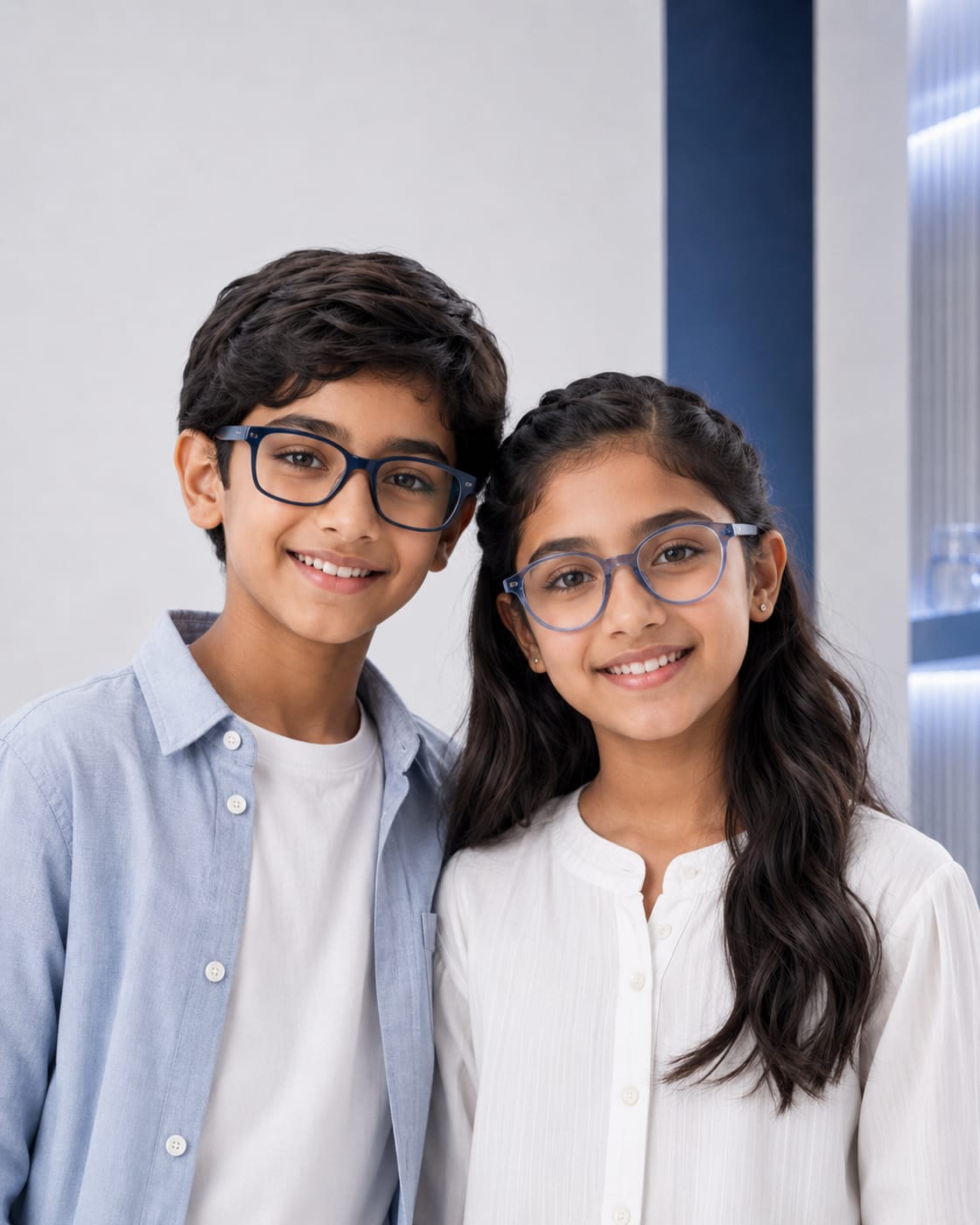 A boy and a girl each wearing children's glasses