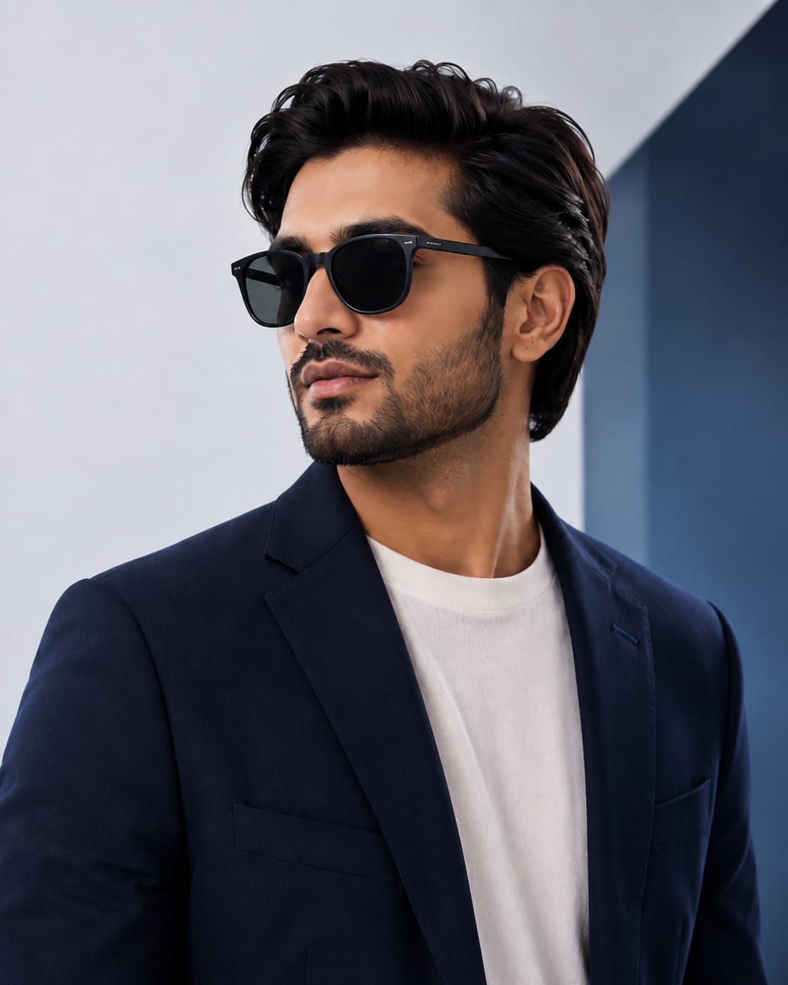 A man wearing black sunglasses with a navy jacket