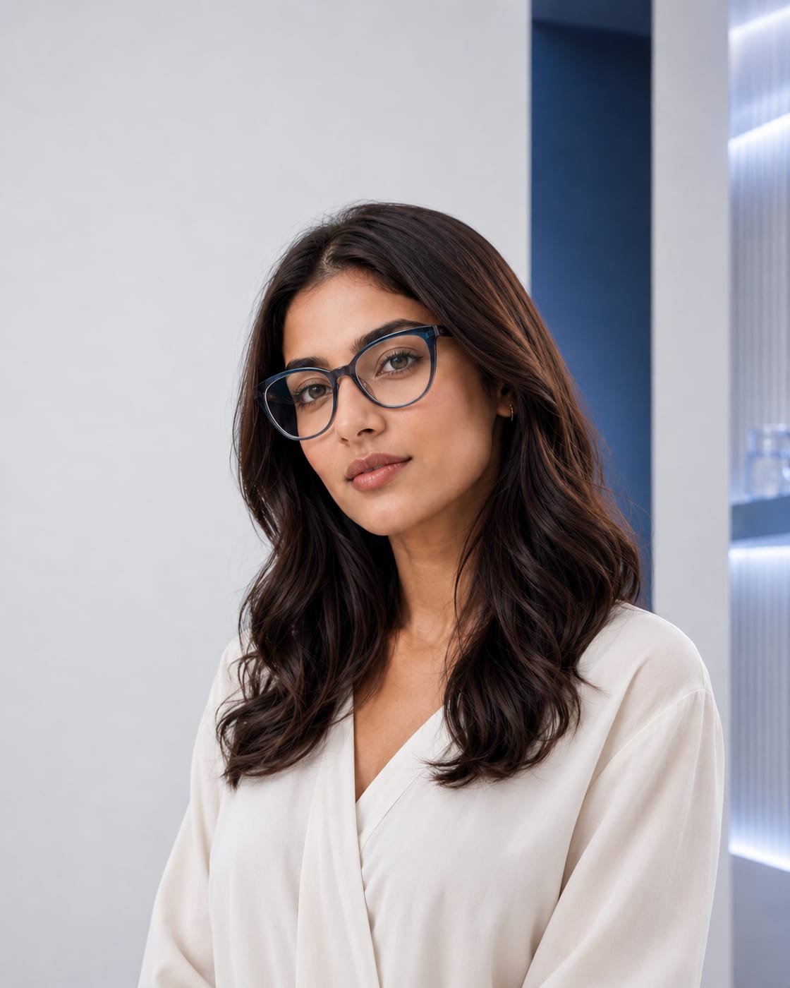 A woman wearing blue-framed glasses