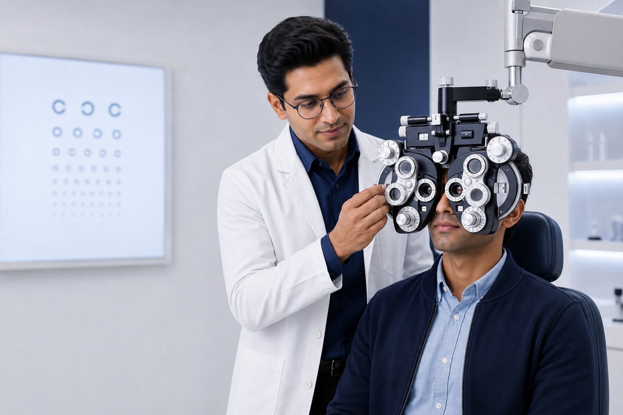 An optometrist adjusting a phoropter during an eye test