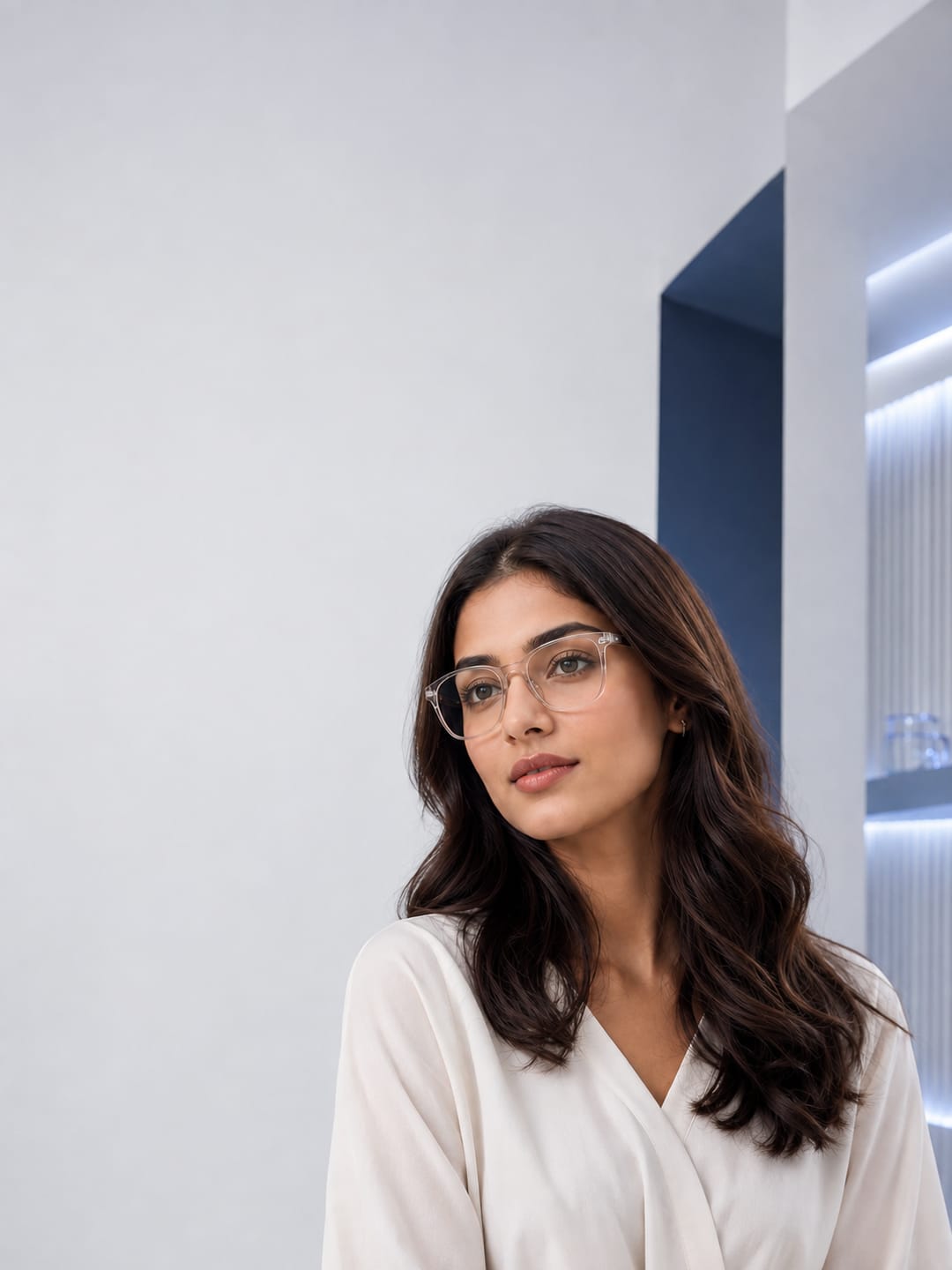 A man wearing black sunglasses and a woman wearing clear-framed glasses in the Eye Shop Optician store