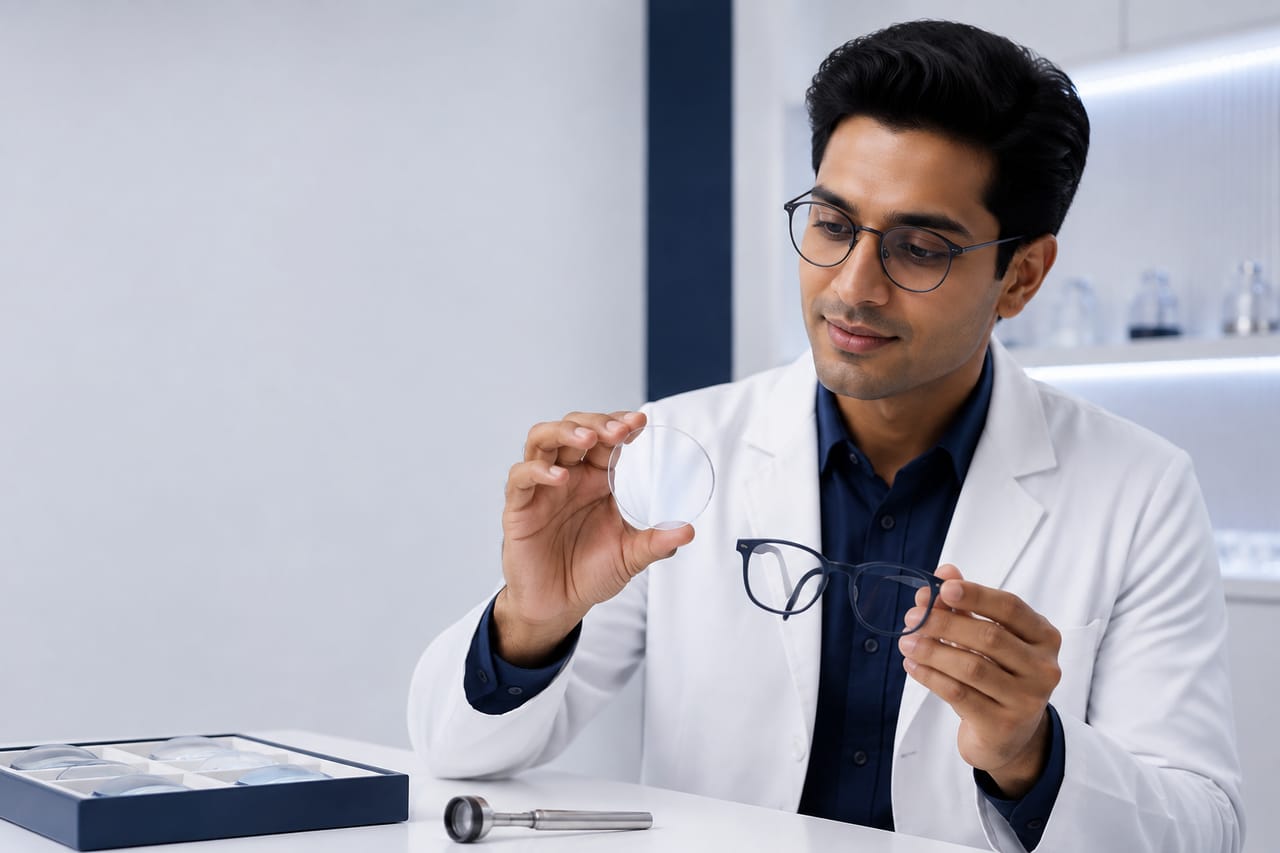 An optician holding a lens blank beside a spectacle frame